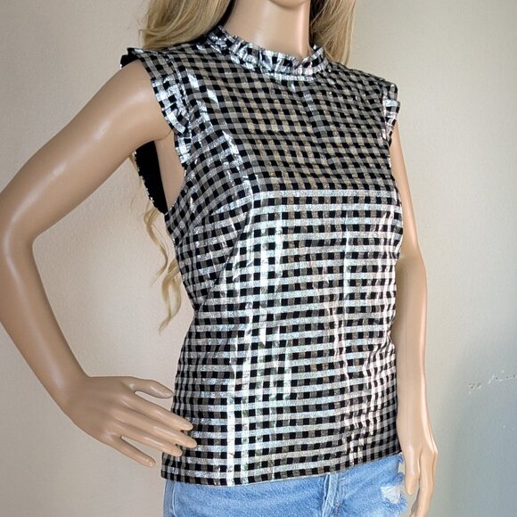 J. Crew Top Women's Medium Silver Black Lurex Sleeveless Metallic Ruffle NWT - Picture 2 of 15